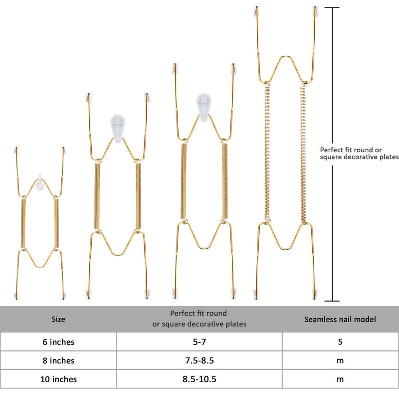 Hotop 12 Pieces Plate Hangers for Wall Stainless Steel Wire Invisible Plate Hangers Heavy Duty Display Holders with 12 Pieces Hooks for Wall Decoration(6/8/10 Inch,Gold) - Image 3