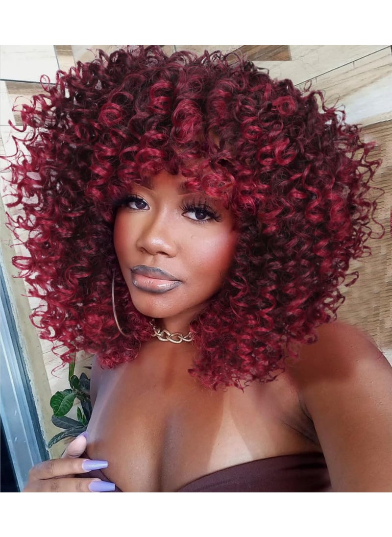Hanne Fashion Afro Curly Wig with Bangs Short Kinky Curly Wig for Women Ombre Burgundy Synthetic Curly Wigs Shoulder Length Glueless Afro Wig 1BBUG 