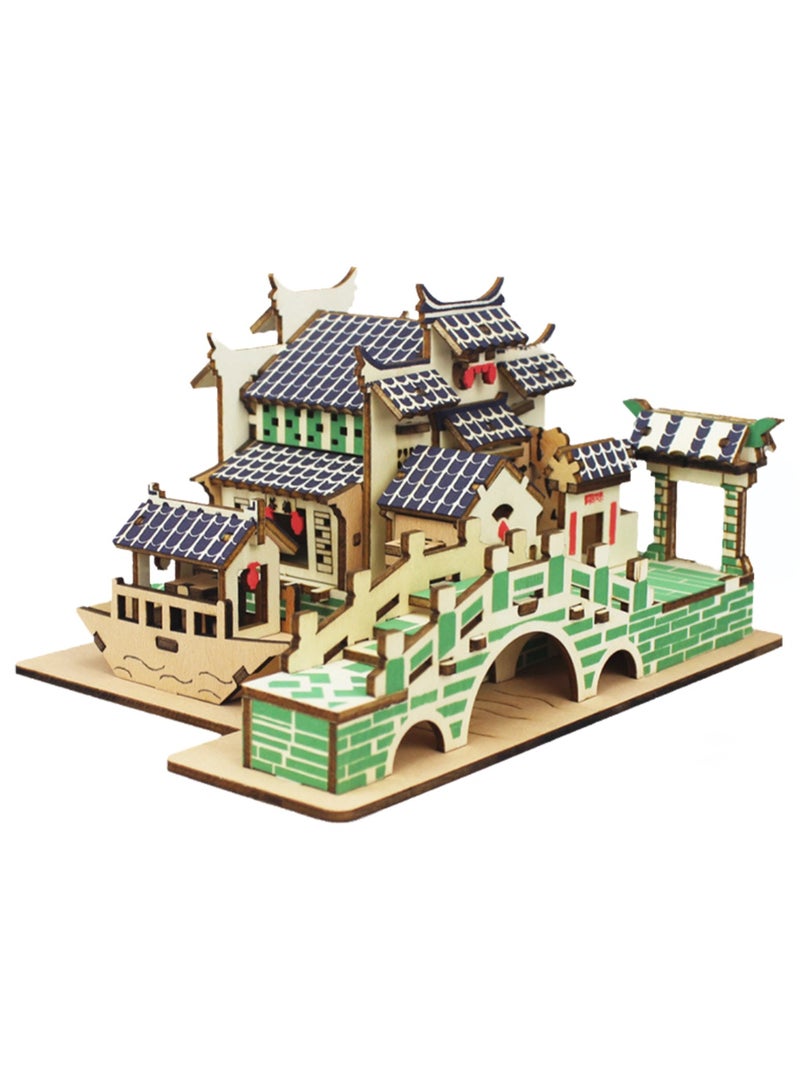 Children's Educational Assembly Toys Wooden 3D Puzzle Children's Jiangnan Water Village - Image 1