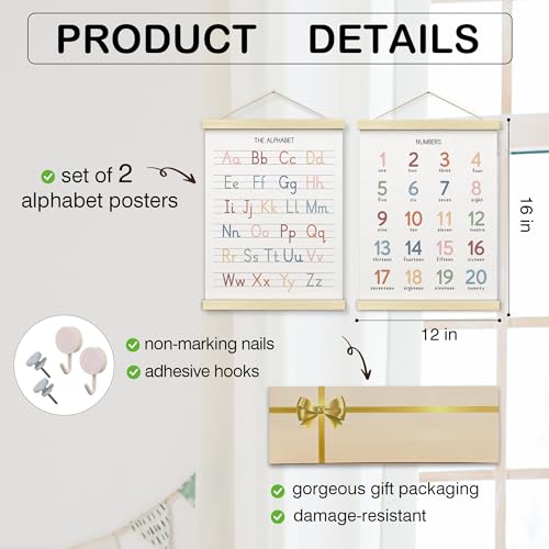 BONETAT Numbers alphabet poster for Nursery Toddlers Play Room Wall Decor ABC Wall Chart Wall Hanging Decor for Toddler Playroom Decor Kids Wall Decor Wooden Alphabet BannerA02 - Image 3