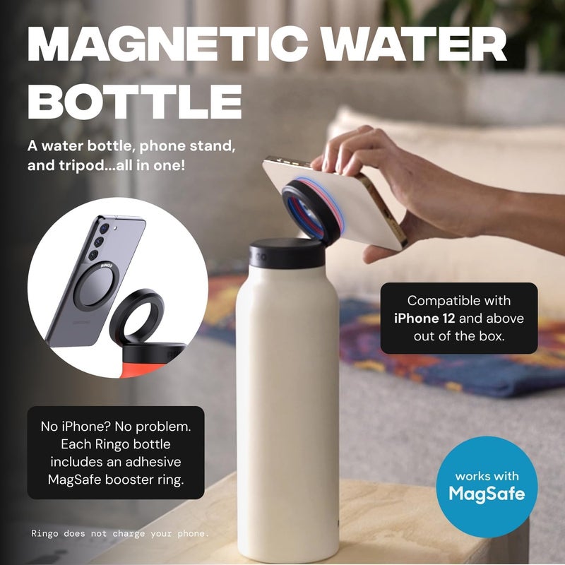 رينغو زجاجة رينغو المعزولة لـ iPhone مع حامل هاتف مغناطيسي | زجاجة ماء من الفولاذ المقاوم للصدأ مع حامل هاتف ثلاثي | مثالية للصالة الرياضية والسفر | ساخنة 12 ساعة، باردة 24 ساعة، دوران 360 درجة | برتقالي 32 أونصة - Image 2