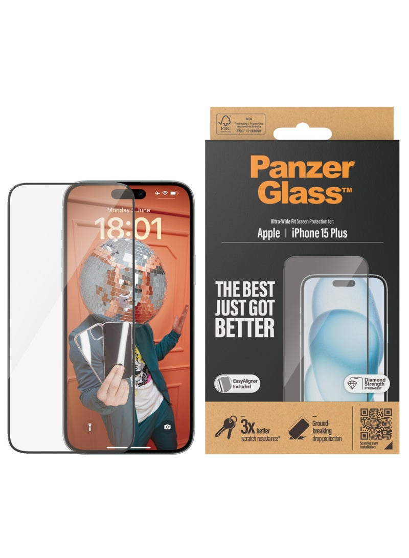PanzerGlass واقي شاشة PanzerGlass™ المقاوم للخدش لهاتف Apple iPhone 15 Plus - مقاس واسع للغاية وشاشة واضحة تمامًا، ومقاومة للصدمات وحماية من السقوط مع مساعدة التركيب لسهولة التركيب - Image 1