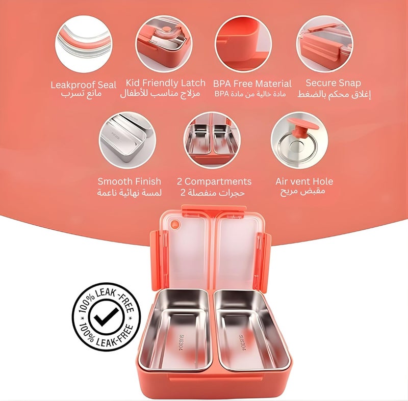 BrainGiggles Stainless Steel Bento Lunch Box with 2 Compartments - Leak Proof Bento Box for Kids, Adults -Multifunctional Air Tight Tiffin Lunchbox for Office, School (Orange) - Image 2
