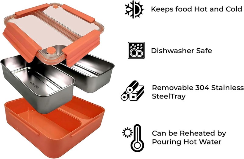 BrainGiggles Stainless Steel Bento Lunch Box with 2 Compartments - Leak Proof Bento Box for Kids, Adults -Multifunctional Air Tight Tiffin Lunchbox for Office, School (Orange) - Image 5