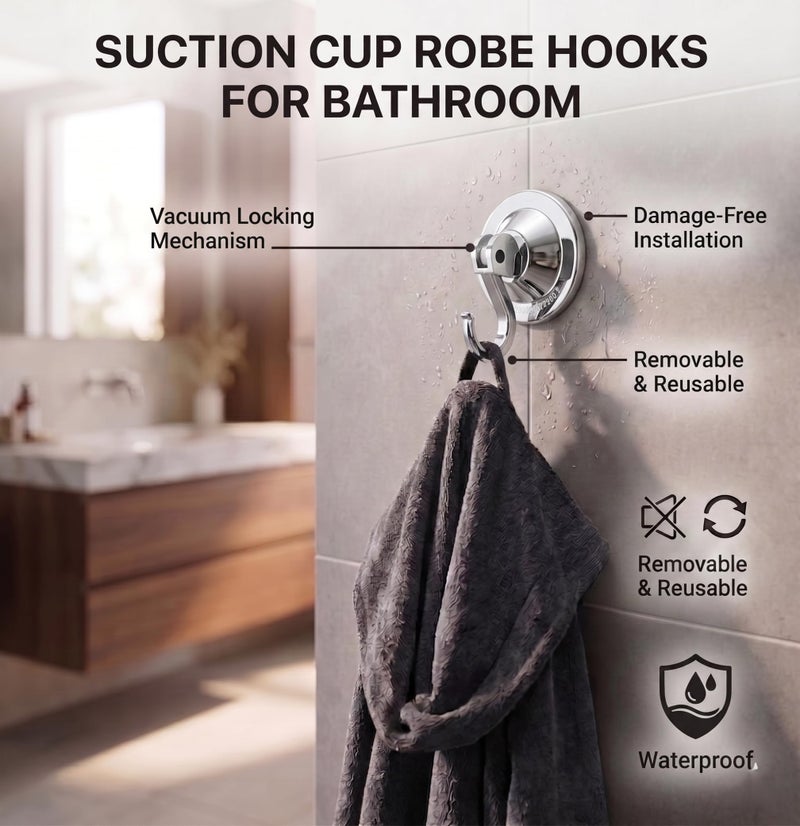 NL HOME Suction Cup Hooks, Vacuum Wreath Hanger for Glass Door, 20 lbs Waterproof Shower Towel Holder, Removable No Drill Bathroom Organizer, 4 Pack, Silver Chrome - Image 3