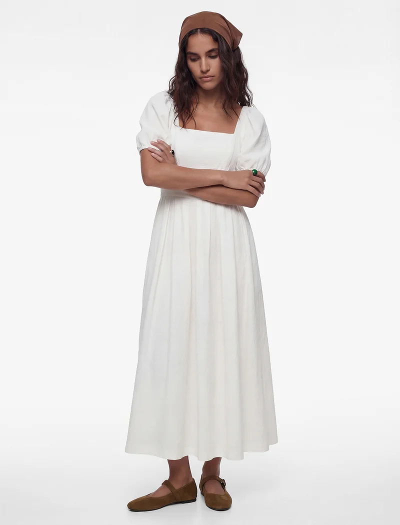 كوتون Balloon Sleeve Midi Dress