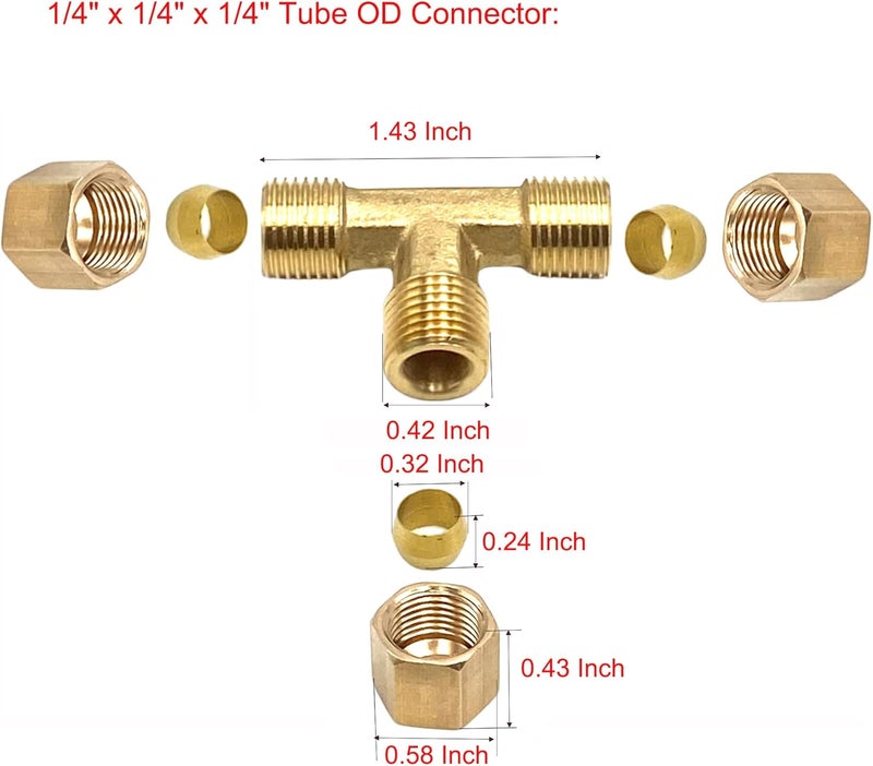 Bumugufu 4 قطع من وصلات أنابيب ضغط نحاسية على شكل حرف تي، 1/4" x 1/4" x 1/4" قطر الأنبوب 3 طرق لوصلات ضغط الهواء - Image 2
