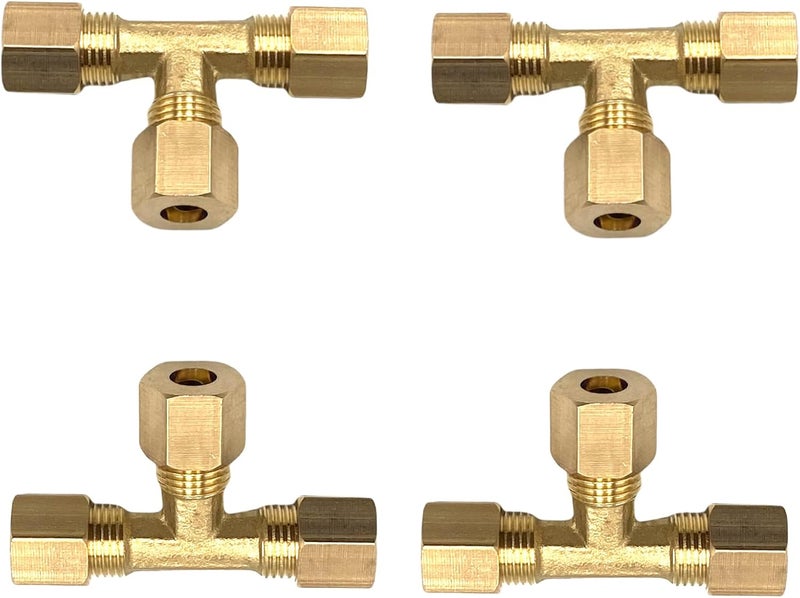 Bumugufu 4 قطع من وصلات أنابيب ضغط نحاسية على شكل حرف تي، 1/4" x 1/4" x 1/4" قطر الأنبوب 3 طرق لوصلات ضغط الهواء - Image 1