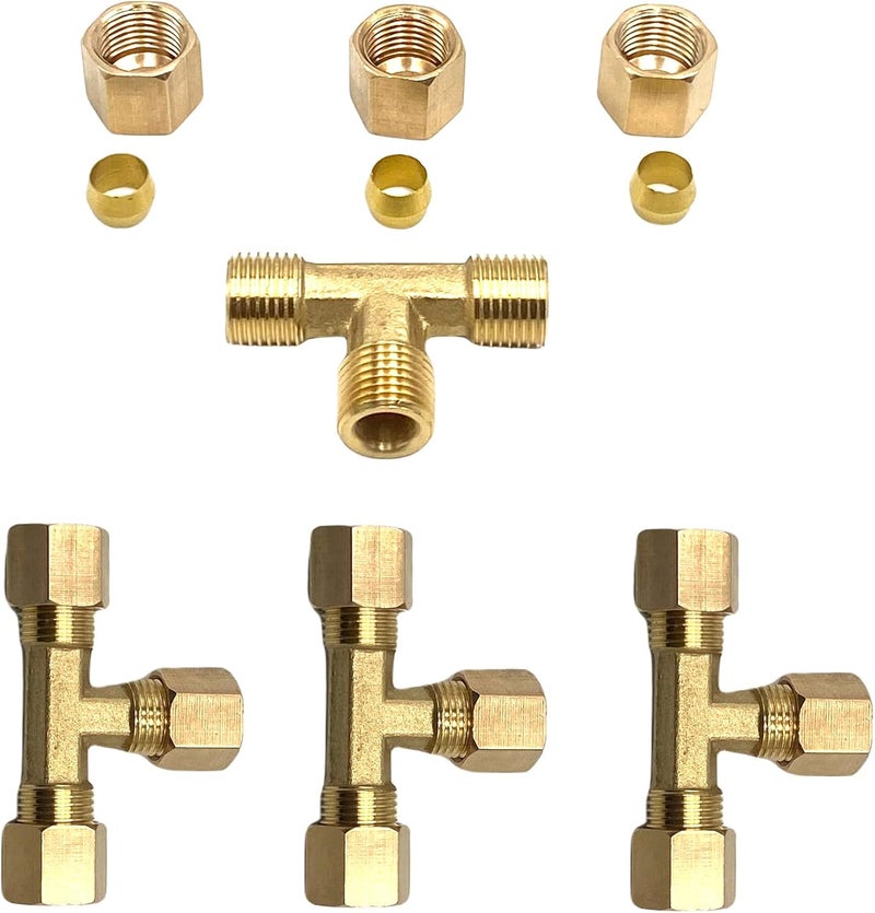 Bumugufu 4 قطع من وصلات أنابيب ضغط نحاسية على شكل حرف تي، 1/4" x 1/4" x 1/4" قطر الأنبوب 3 طرق لوصلات ضغط الهواء - Image 5