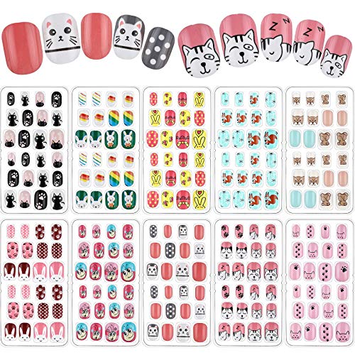 Maitys 240 Pcs Children False Nails 10 Packs Kids Girls Press on Short Artificial Fake Nails Gradient Color Rainbow Pre Glue Full Cover Acrylic Nail Kit for Children Nail DecorationColorful Animals - Image 2