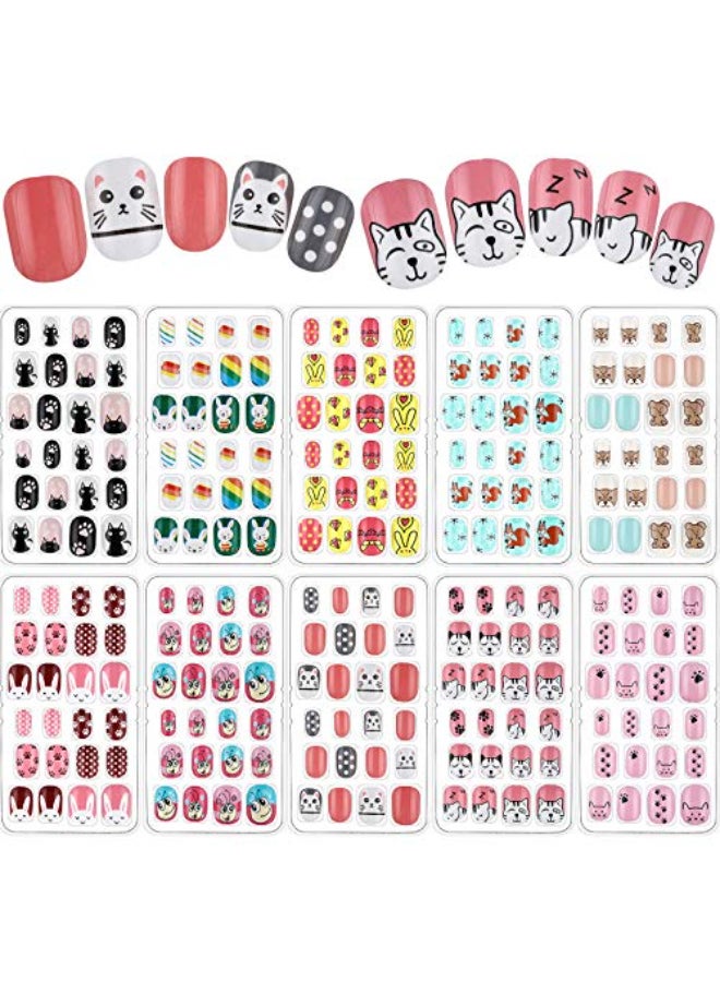 Maitys 240 Pcs Children False Nails 10 Packs Kids Girls Press on Short Artificial Fake Nails Gradient Color Rainbow Pre Glue Full Cover Acrylic Nail Kit for Children Nail DecorationColorful Animals - Image 1