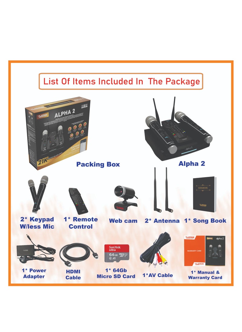 Platinum Karaoke - ALPHA 2 Full HD 4K Android Smart Karaoke Player With 2 Digital UHF Keypad Wireless Mic & 26K+ Mixed Language FILIPINO, ENGLISH , INDIAN & RUSSIAN Karaoke Songs Included & Youtube Karaoke - Image 1