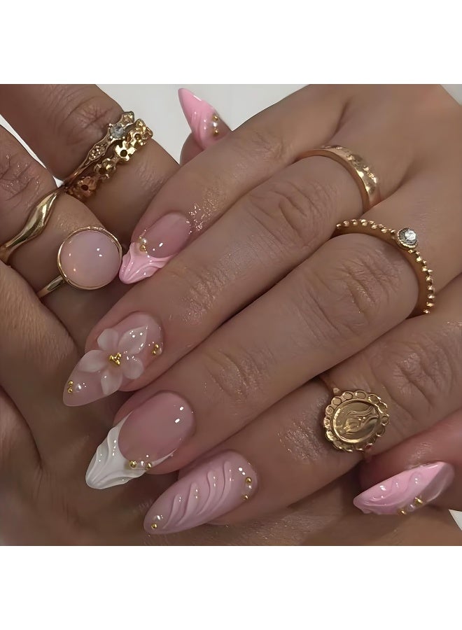 ATRJSZ 3D Pink Press on Nails Almond - Medium French Tip Fake Nails with Embossed Flower&Gold Bead Designs, Glossy Finish Reusable False Nails with Glue Tabs - 24Pcs Nail Kit for Women Manicure - Image 2