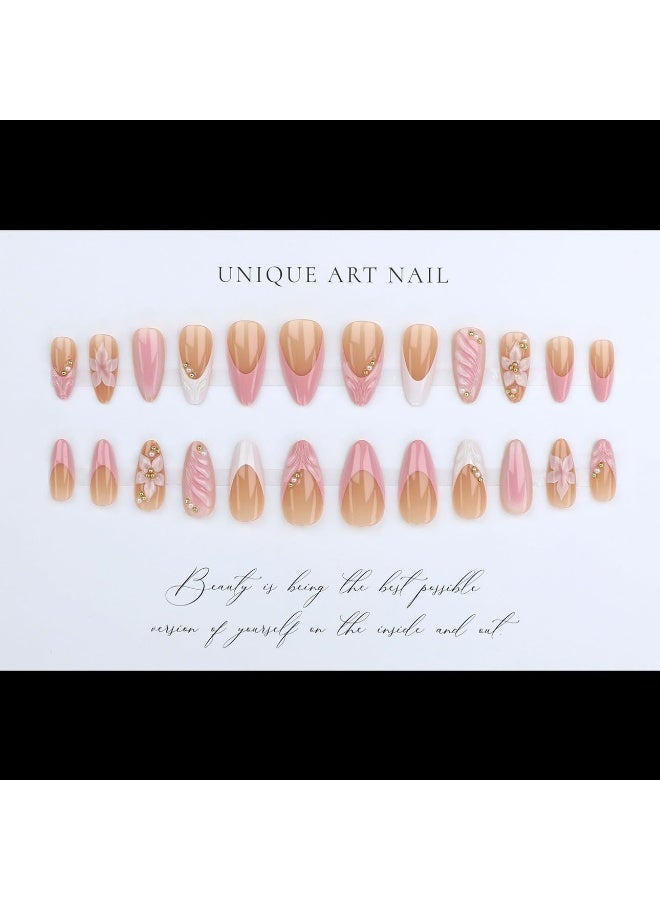 ATRJSZ 3D Pink Press on Nails Almond - Medium French Tip Fake Nails with Embossed Flower&Gold Bead Designs, Glossy Finish Reusable False Nails with Glue Tabs - 24Pcs Nail Kit for Women Manicure - Image 4
