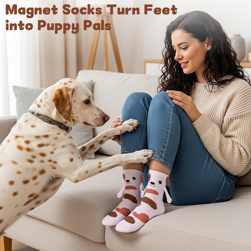 COZYMATE Funny Animal Dog Socks for Women Novelty Magnetic Hand Holding Socks for Birthday Xmas Gifts (US, Alpha, One Size, Regular, Regular, White & Brown) - Image 2