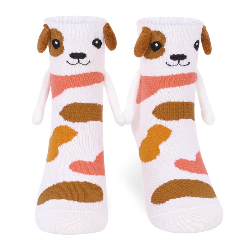 COZYMATE Funny Animal Dog Socks for Women Novelty Magnetic Hand Holding Socks for Birthday Xmas Gifts (US, Alpha, One Size, Regular, Regular, White & Brown) - Image 1