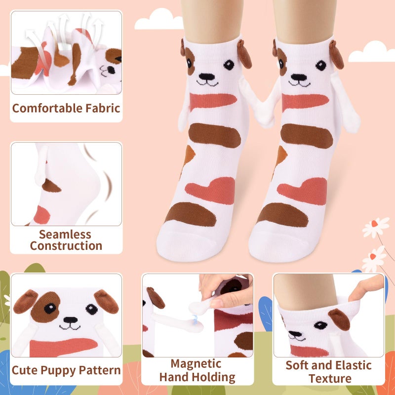 COZYMATE Funny Animal Dog Socks for Women Novelty Magnetic Hand Holding Socks for Birthday Xmas Gifts (US, Alpha, One Size, Regular, Regular, White & Brown) - Image 4