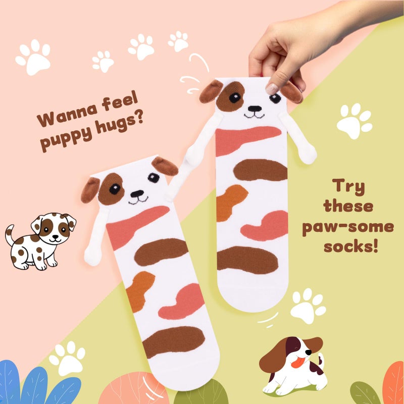 COZYMATE Funny Animal Dog Socks for Women Novelty Magnetic Hand Holding Socks for Birthday Xmas Gifts (US, Alpha, One Size, Regular, Regular, White & Brown) - Image 5