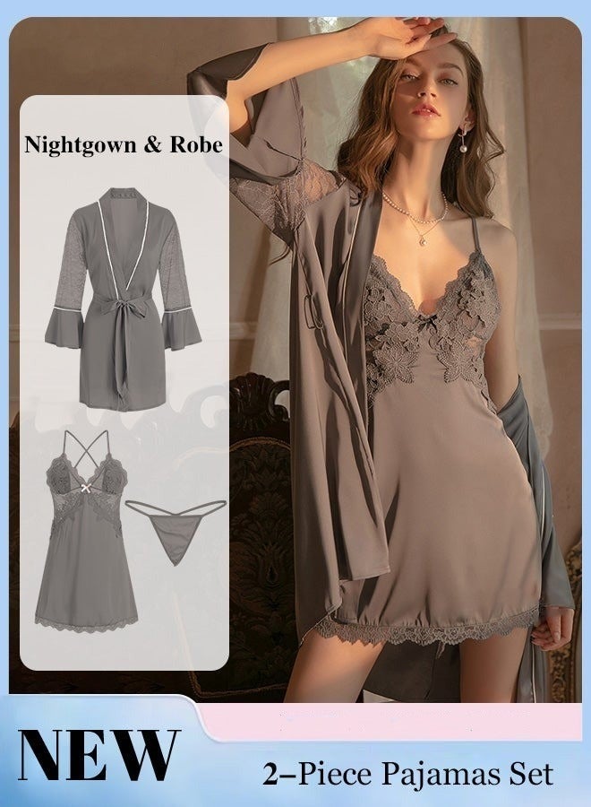 NIBEMINENT 2-Piece Set of Women Pajamas with V-Neck Design Home Wear Same Color Outer Robe and Lace Element Nightgown - Image 1