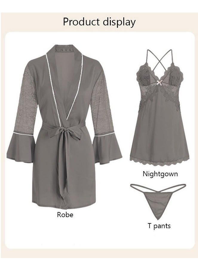 NIBEMINENT 2-Piece Set of Women Pajamas with V-Neck Design Home Wear Same Color Outer Robe and Lace Element Nightgown - Image 5