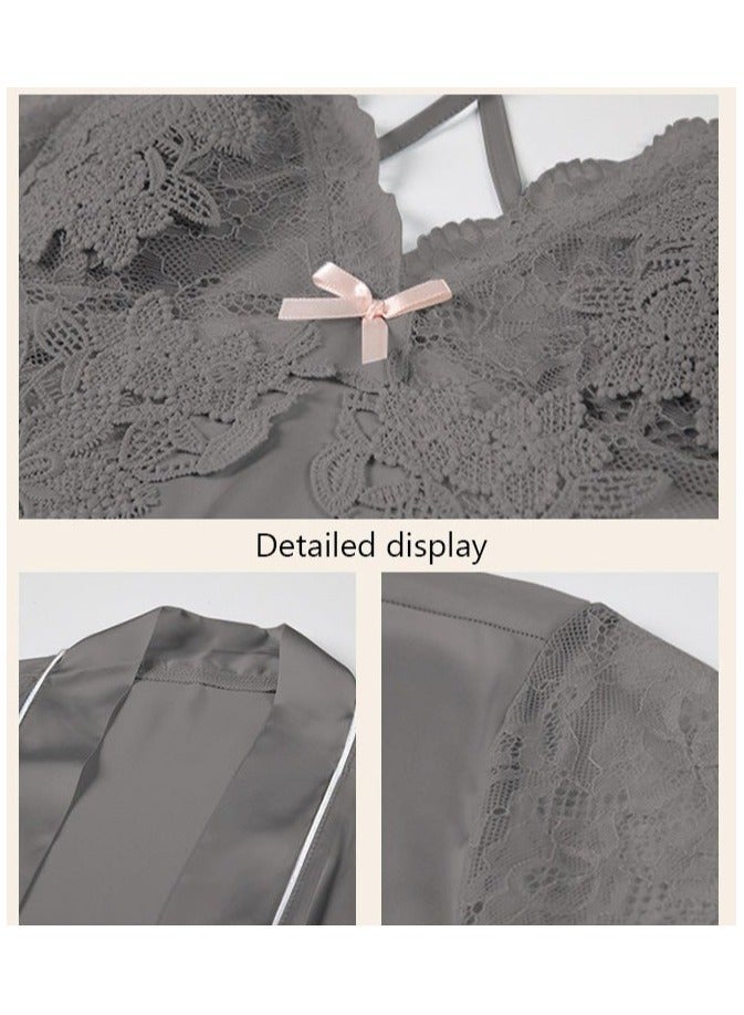 NIBEMINENT 2-Piece Set of Women Pajamas with V-Neck Design Home Wear Same Color Outer Robe and Lace Element Nightgown - Image 4