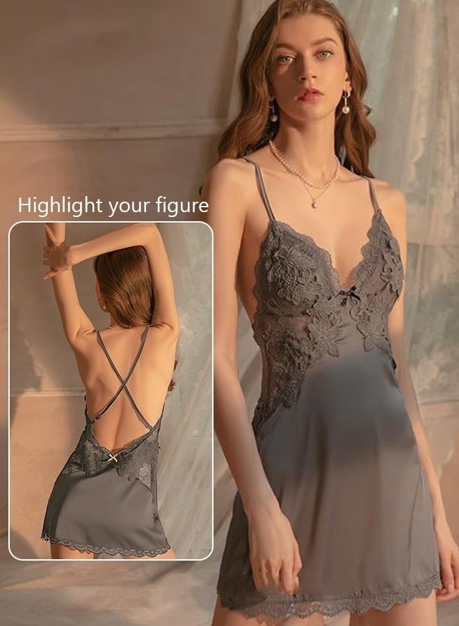 NIBEMINENT 2-Piece Set of Women Pajamas with V-Neck Design Home Wear Same Color Outer Robe and Lace Element Nightgown - Image 3