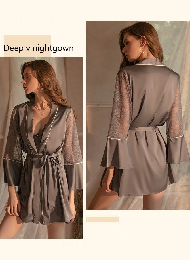 NIBEMINENT 2-Piece Set of Women Pajamas with V-Neck Design Home Wear Same Color Outer Robe and Lace Element Nightgown - Image 2