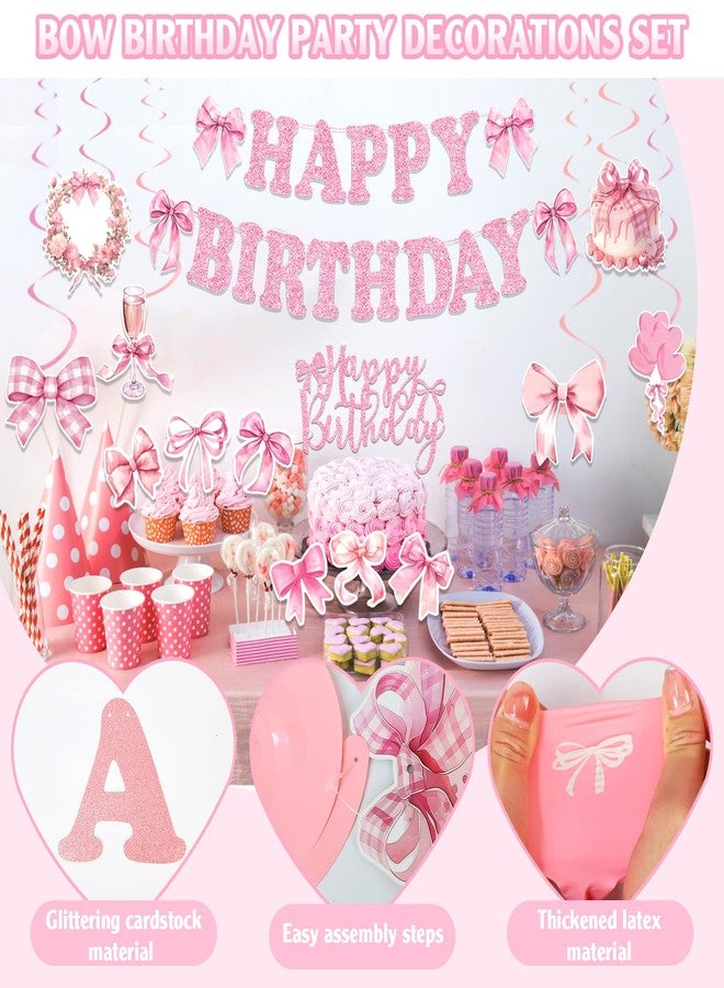 Bolake Pink Bow Birthday Party Decorations Girl Bow Themed Party Decorations Include Happy Birthday Banner Hanging Swirls Balloons Cake Toppers for Girls Baby Shower Bridal Shower Bachelorette Party Decor - Image 4