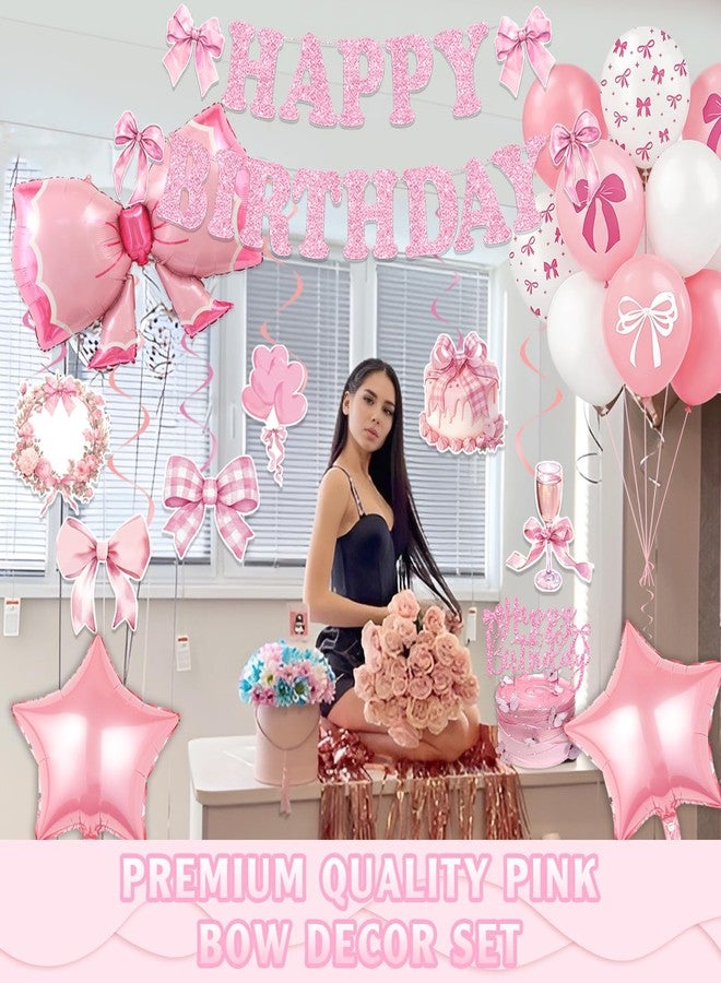 Bolake Pink Bow Birthday Party Decorations Girl Bow Themed Party Decorations Include Happy Birthday Banner Hanging Swirls Balloons Cake Toppers for Girls Baby Shower Bridal Shower Bachelorette Party Decor - Image 5