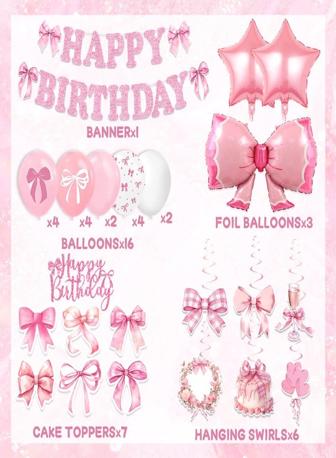 Bolake Pink Bow Birthday Party Decorations Girl Bow Themed Party Decorations Include Happy Birthday Banner Hanging Swirls Balloons Cake Toppers for Girls Baby Shower Bridal Shower Bachelorette Party Decor - Image 2