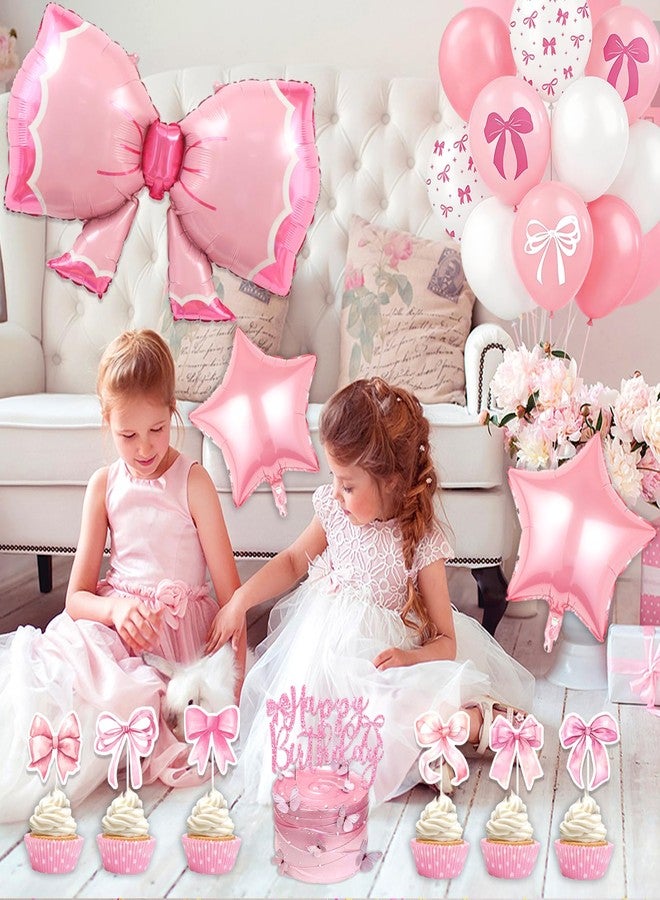 Bolake Pink Bow Birthday Party Decorations Girl Bow Themed Party Decorations Include Happy Birthday Banner Hanging Swirls Balloons Cake Toppers for Girls Baby Shower Bridal Shower Bachelorette Party Decor - Image 3