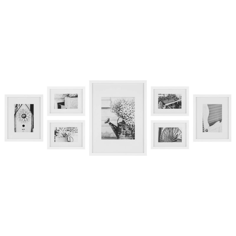 Gallery Perfect  7Piece White Wall Frame Set  Kit with Decorative Art Prints  Hanging Template  Easy Installation Frame  MultiSize Frames  Rectangular Wall Mount  Single Picture Frame