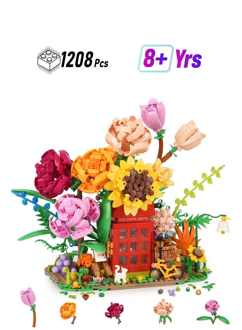 Rose Flower Bouquet Building Set Flower Bouquet Building Blocks with Telephone Booth Bike Cute Animal Colorful and Beautiful Decoration Gift for Lover Friend Decor for Home 1208 PCS - Image 1