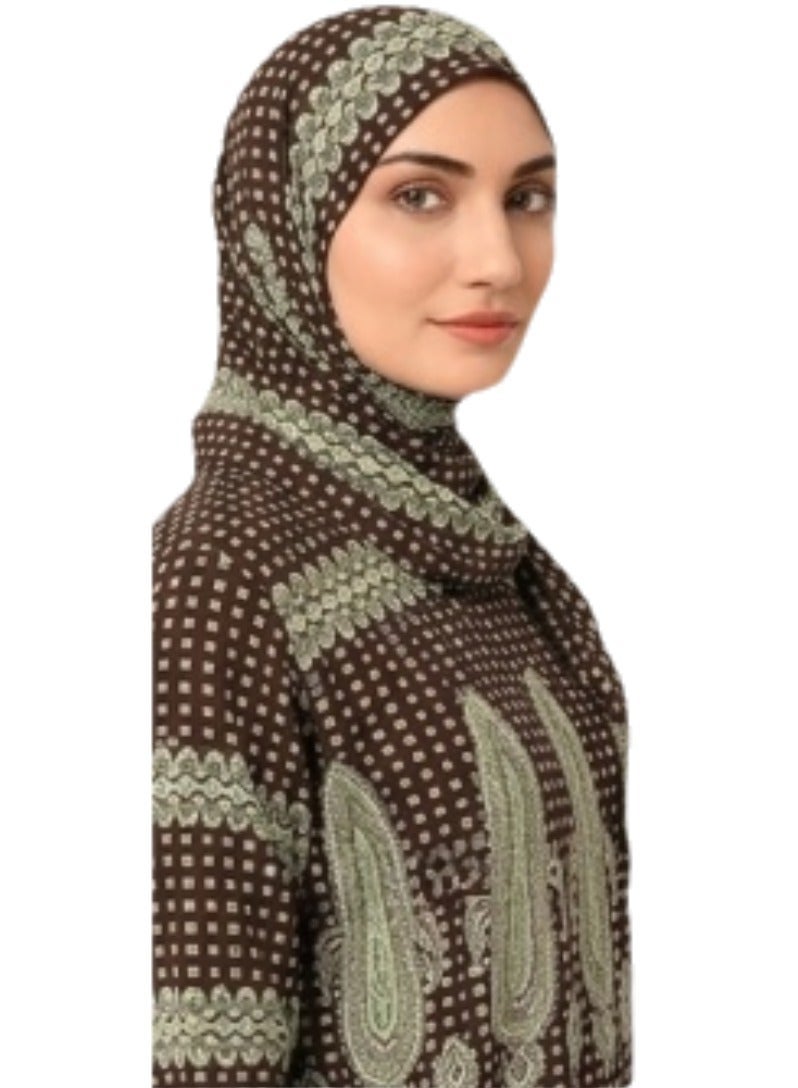 Women's 2 Piece Prayer Dress Isdal Set with Matching Hijab Loose Fit Modest Islamic Prayer Abaya Soft Breathable Fabric Elegant Oriental Paisley Print Full Coverage Ramadan Eid Daily Salah Wear Brown Light Green Free Size Up to 80 KG - Image 4