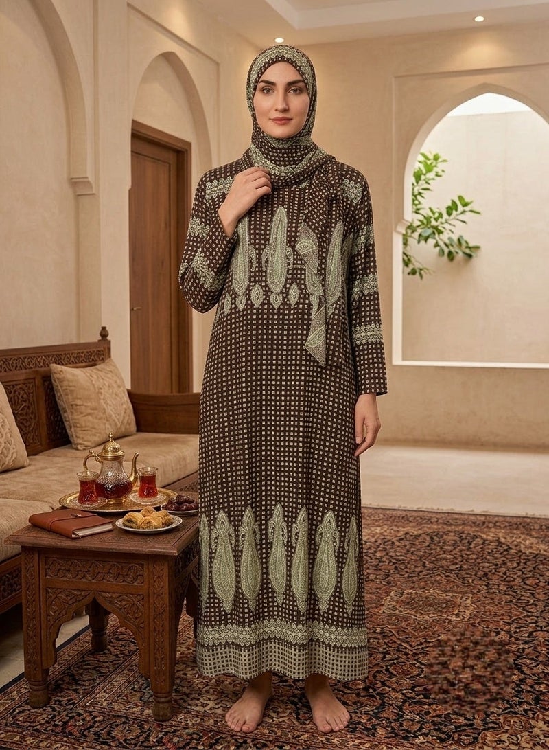 Women's 2 Piece Prayer Dress Isdal Set with Matching Hijab Loose Fit Modest Islamic Prayer Abaya Soft Breathable Fabric Elegant Oriental Paisley Print Full Coverage Ramadan Eid Daily Salah Wear Brown Light Green Free Size Up to 80 KG - Image 1