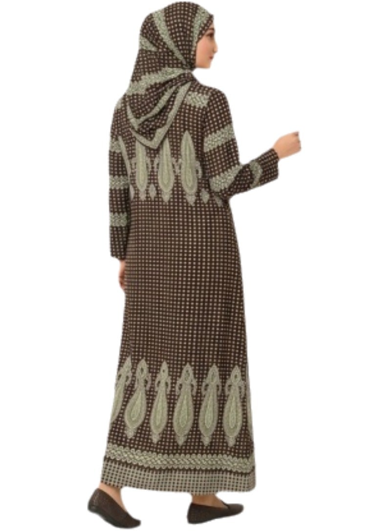 Women's 2 Piece Prayer Dress Isdal Set with Matching Hijab Loose Fit Modest Islamic Prayer Abaya Soft Breathable Fabric Elegant Oriental Paisley Print Full Coverage Ramadan Eid Daily Salah Wear Brown Light Green Free Size Up to 80 KG - Image 3