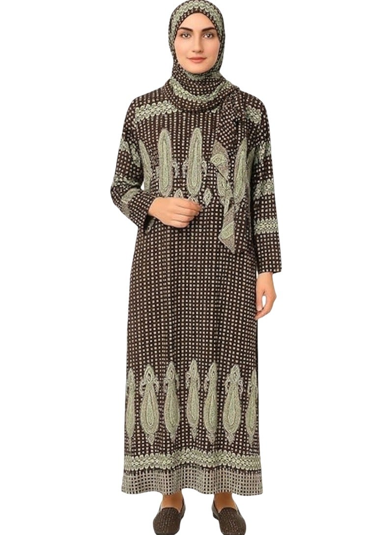 Women's 2 Piece Prayer Dress Isdal Set with Matching Hijab Loose Fit Modest Islamic Prayer Abaya Soft Breathable Fabric Elegant Oriental Paisley Print Full Coverage Ramadan Eid Daily Salah Wear Brown Light Green Free Size Up to 80 KG - Image 2