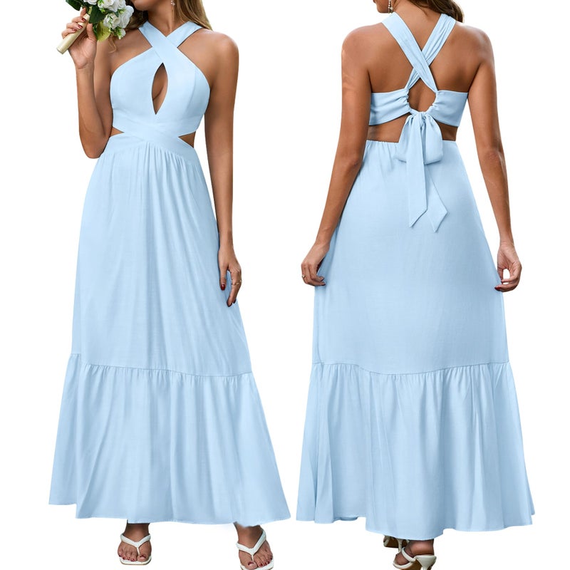 EYNMIN Women's Summer Halter Maxi Casual Sundress Ruffle Cut Out Tie Flowy Dress Boho Beach Vacation Long Dresses Blue - Image 1