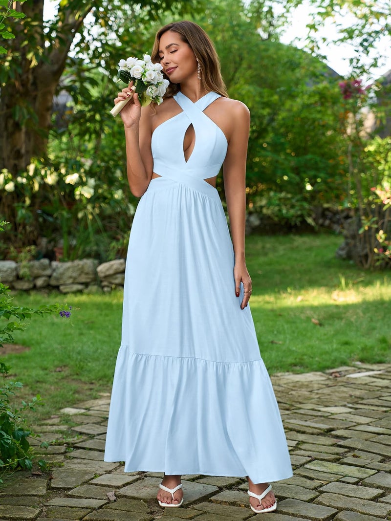 EYNMIN Women's Summer Halter Maxi Casual Sundress Ruffle Cut Out Tie Flowy Dress Boho Beach Vacation Long Dresses Blue - Image 5