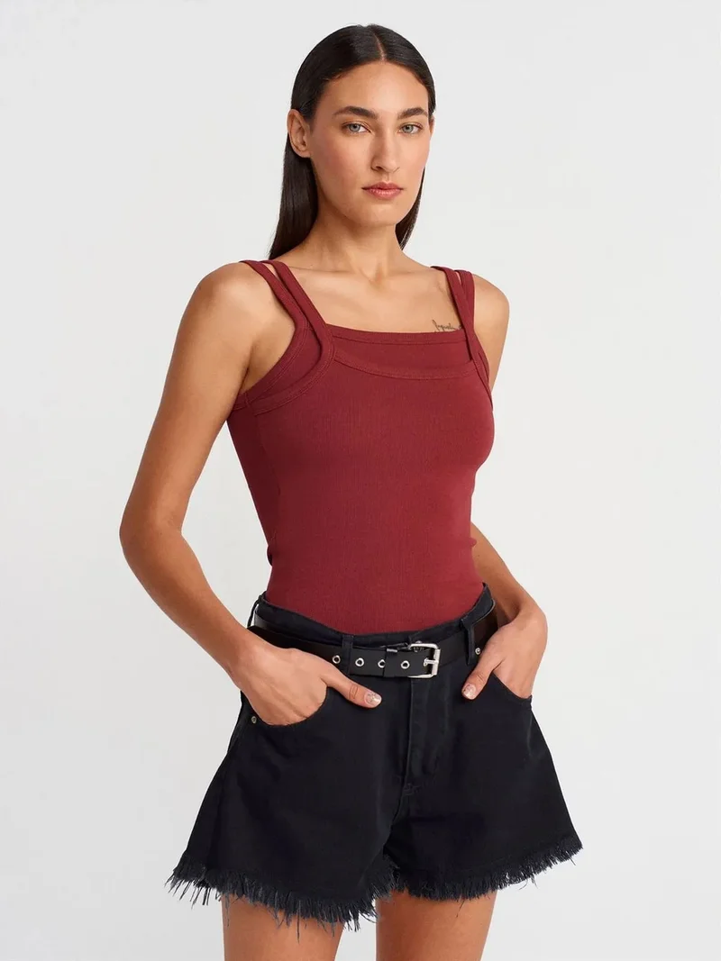 ديلفين Dilvin Ribbed Sleeveless Square-neck Blouse