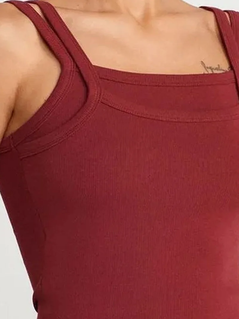 Dilvin Burgundy Red DILVIN Ribbed Sleeveless Square-neck Blouse for Women | Best Price UAE