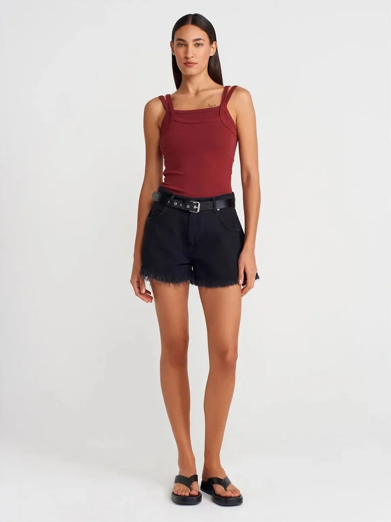 ديلفين DILVIN Ribbed Sleeveless Square-neck Blouse