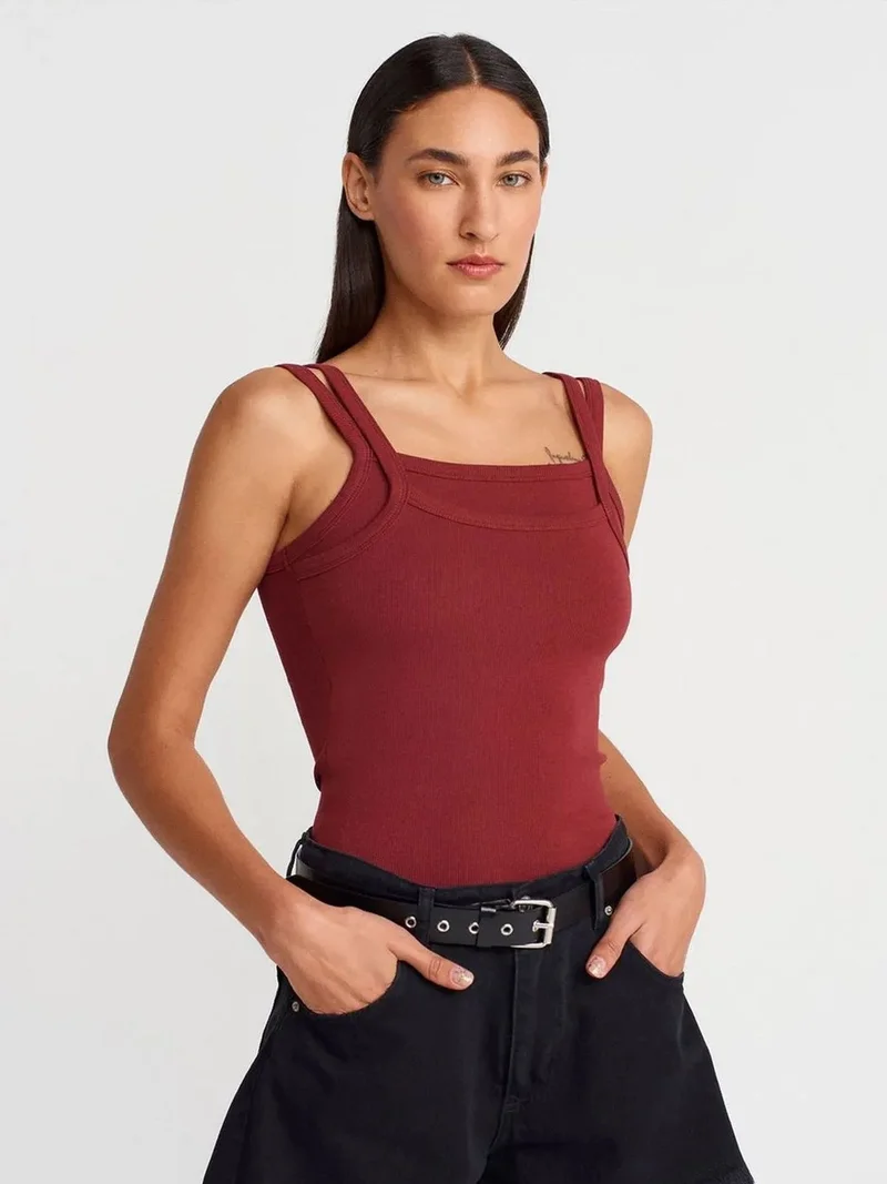 Dilvin DILVIN Ribbed Sleeveless Square-neck Blouse