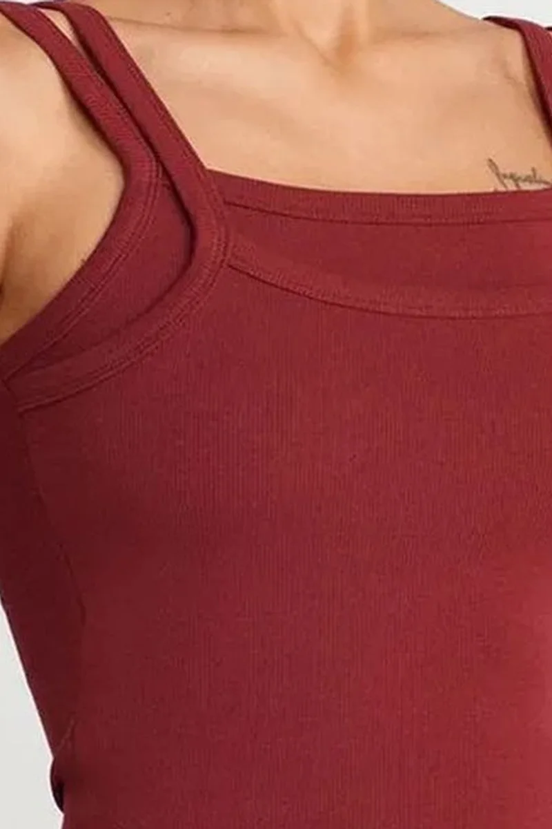 Dilvin Burgundy Red DILVIN Ribbed Sleeveless Square-neck Blouse for Women | Best Price UAE