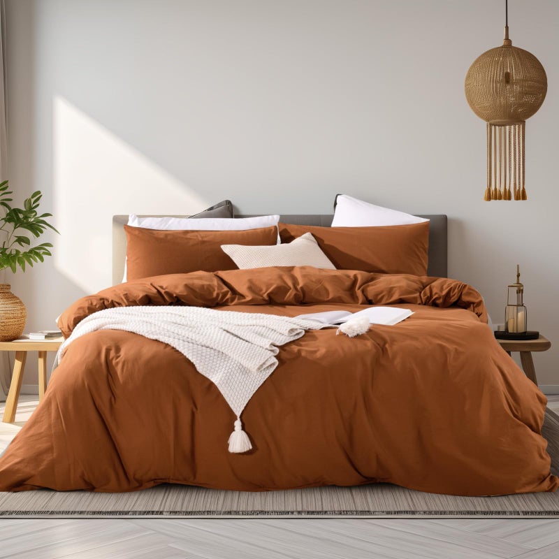NEXHOME PRO Terracotta Burnt Orange Duvet Cover Set King Size Linen Textured Organic Natural 100 Washed Cotton Duvet Cover Fall Caramel 3 Pieces Bedding Set with Zipper Closure SoftNo Comforter