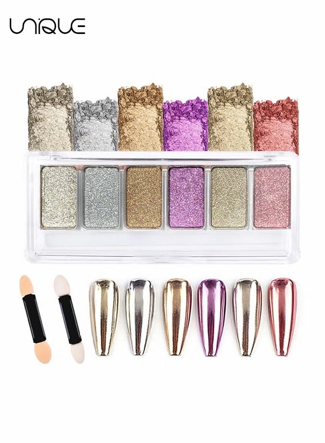 Unique 6Pcs Chrome Nail Powders，Colors Chrome Nail Powder Mirror Effect Holographic Aurora Iridescent Pearlescent Metallic Nail Powder Combo Set, 2Pcs Eyeshadow Sticks (Chrome Nail Powder) - Image 1
