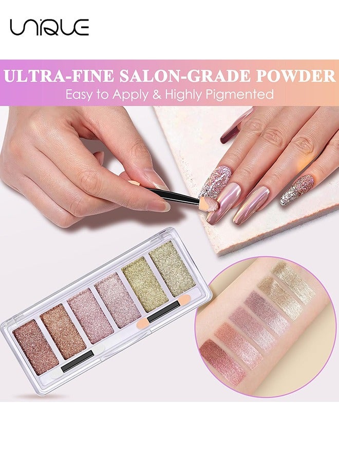 Unique 6Pcs Chrome Nail Powders，Colors Chrome Nail Powder Mirror Effect Holographic Aurora Iridescent Pearlescent Metallic Nail Powder Combo Set, 2Pcs Eyeshadow Sticks (Chrome Nail Powder) - Image 5