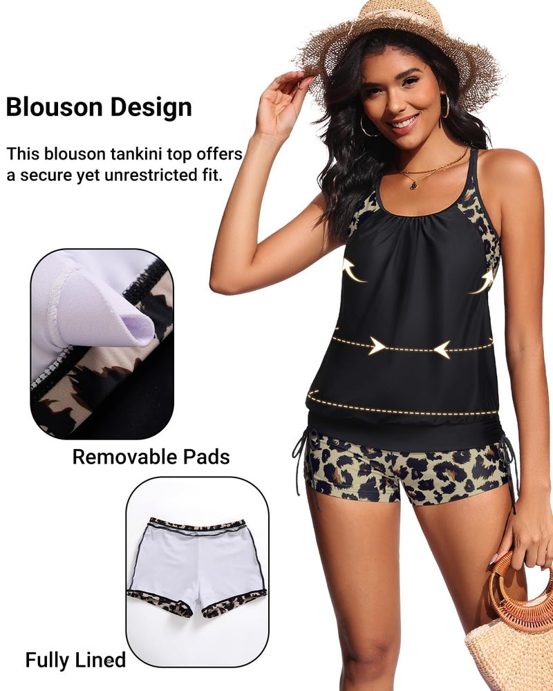 Holipick Black Leopard Blouson Tankini Swimsuits for Women - Two Piece Tummy Control Bathing Suit with Shorts Modest Swimwear XL - Image 4