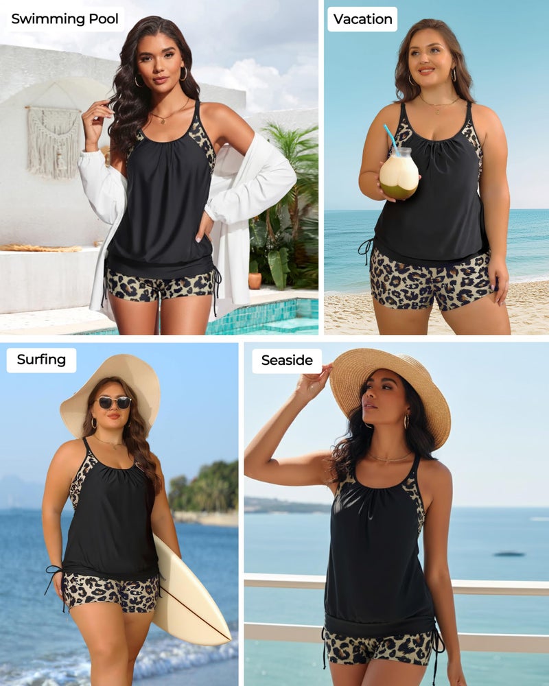 Holipick Black Leopard Blouson Tankini Swimsuits for Women - Two Piece Tummy Control Bathing Suit with Shorts Modest Swimwear XL - Image 5