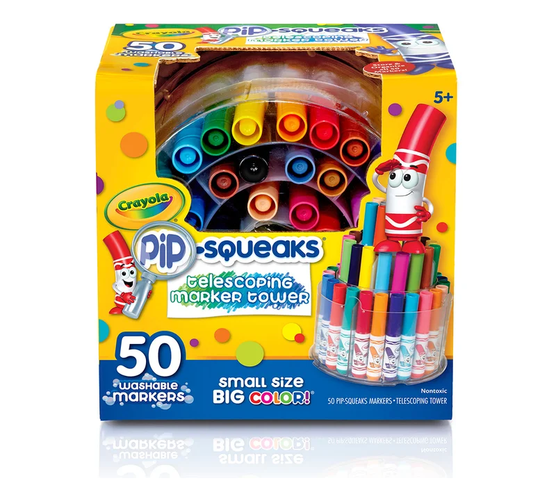 كرايولا Crayola Pip-Squeaks Telescoping Marker Tower – 50 Washable Mini Markers for Kids | Compact 3-Tier Storage, Easy to Clean, Non-Toxic Art Supplies for Creative Drawing & Coloring